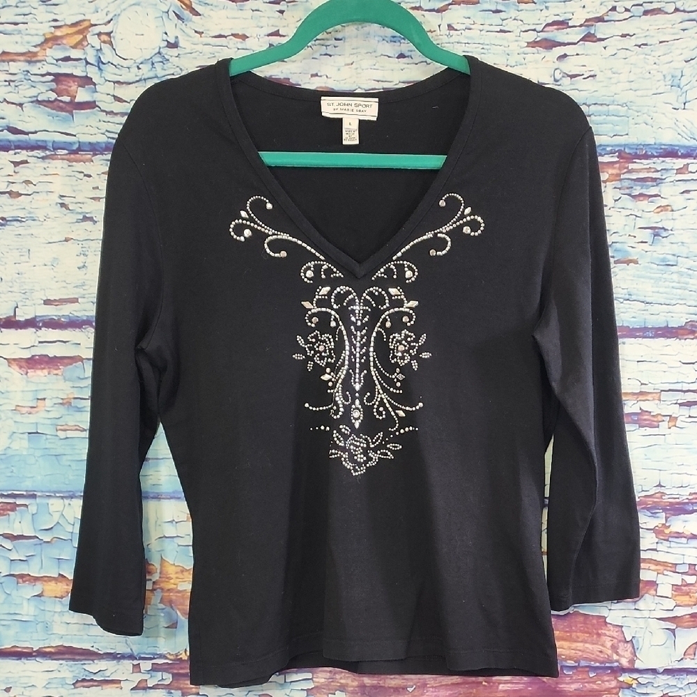 St. John By Marie Gray Black Long Sleeve Top with Silver Accents Size L